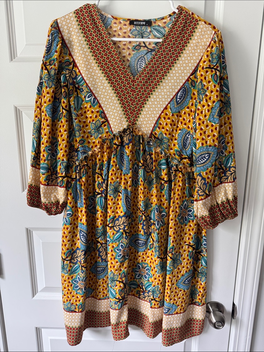BTFBM Mustard Floral Long-Sleeve Midi Dress